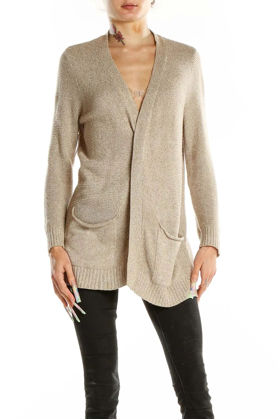 Beige Cozy Open-Front Cardigan