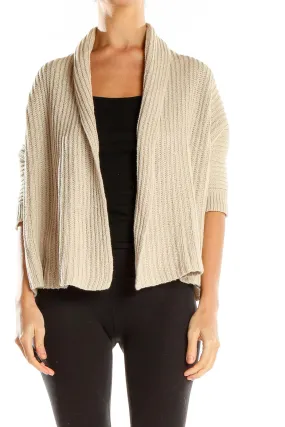 Beige Ribbed Open-Front Cardigan