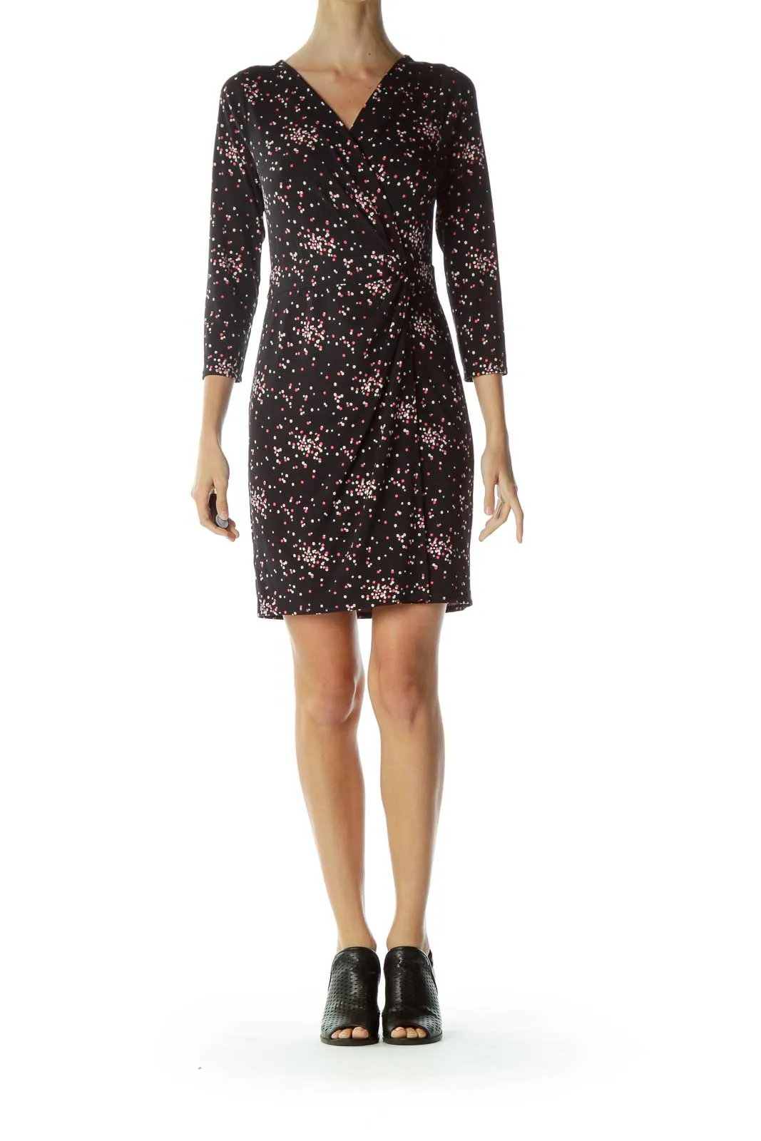 Black Polka-Dot Gathered Jersey Dress