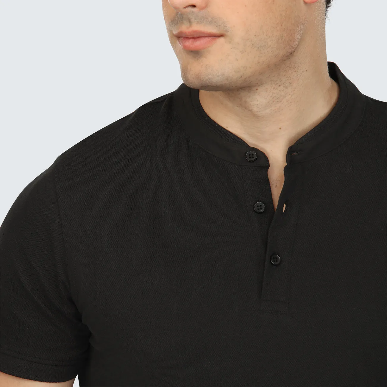 Black Short Sleeve Pique Henley