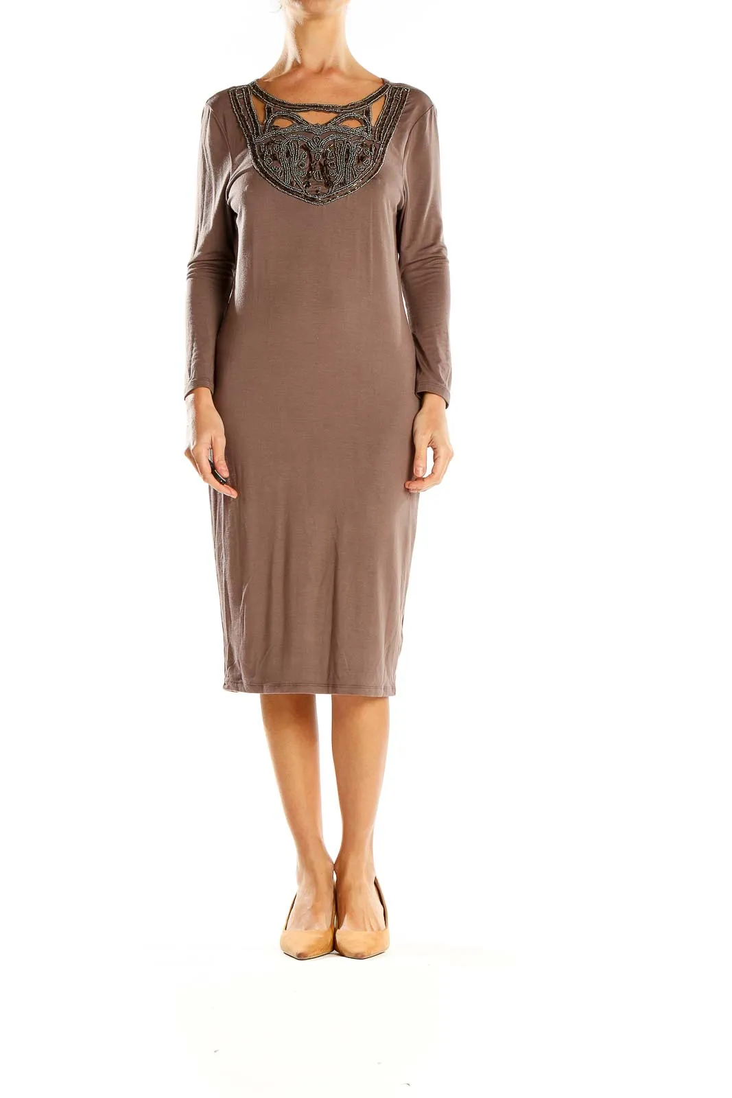 Brown Embellished Neckline Midi Dress