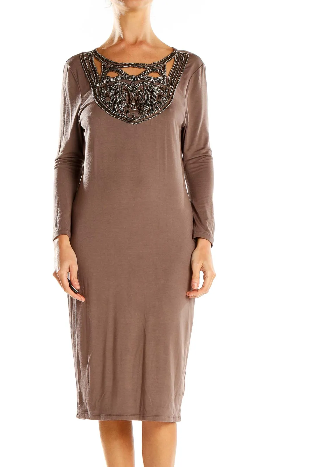 Brown Embellished Neckline Midi Dress