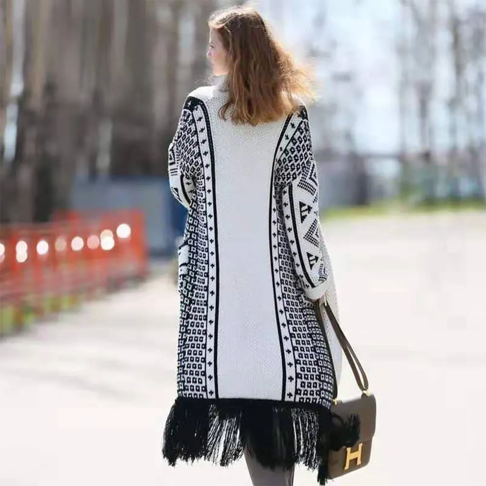 Colorblock Long Printed Knit Cardigan