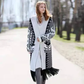 Colorblock Long Printed Knit Cardigan