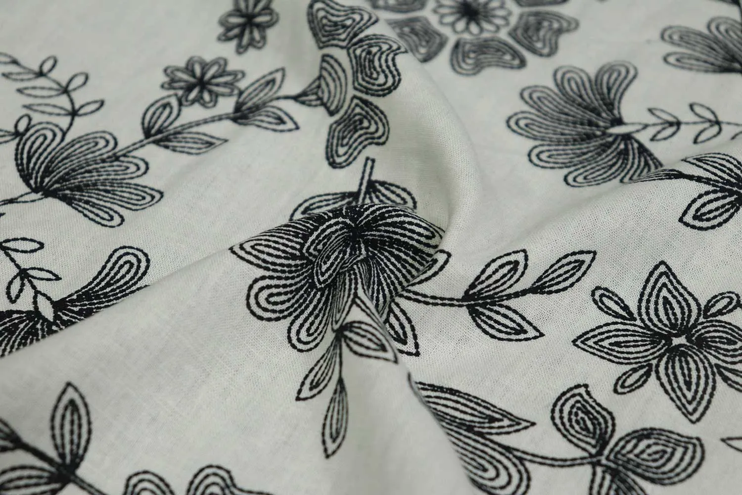 Cream & Black Floral Printed Cotton Linen Fabric