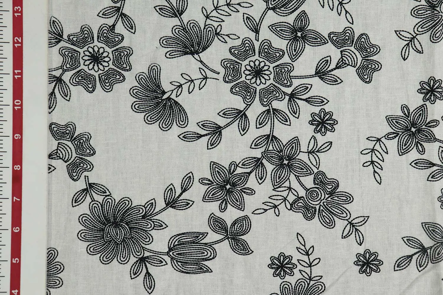 Cream & Black Floral Printed Cotton Linen Fabric