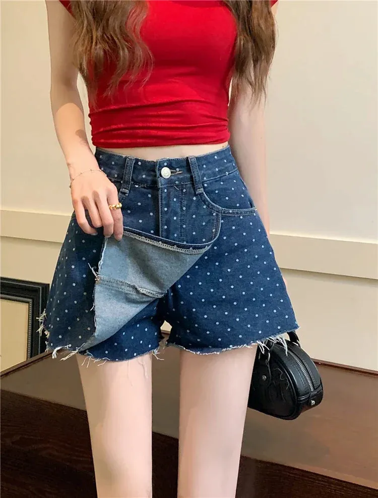 Dot Korean Polka Raw Vintage Waist Fashion Pockets Summer High Skirt