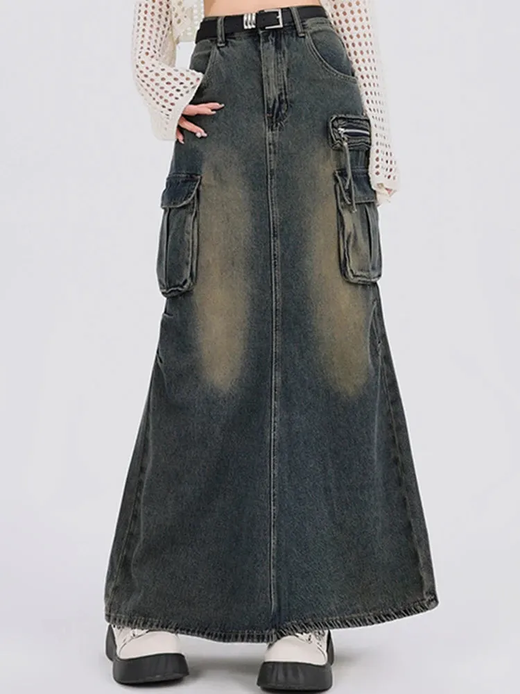 Girlary 2024 Women Y2k High Waist Denim Ankle Length Cargo Skirts Girls Robe Cool Casual Wrap Dress Female Gray A Line Long Skirts Jeans