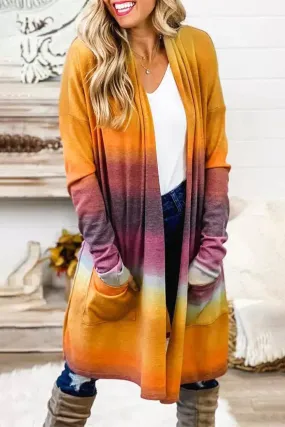 Gradient Tie-dye Open Front Mid-length Cardigan