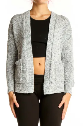 Gray Cotton-Linen Blend Open-Front Cardigan