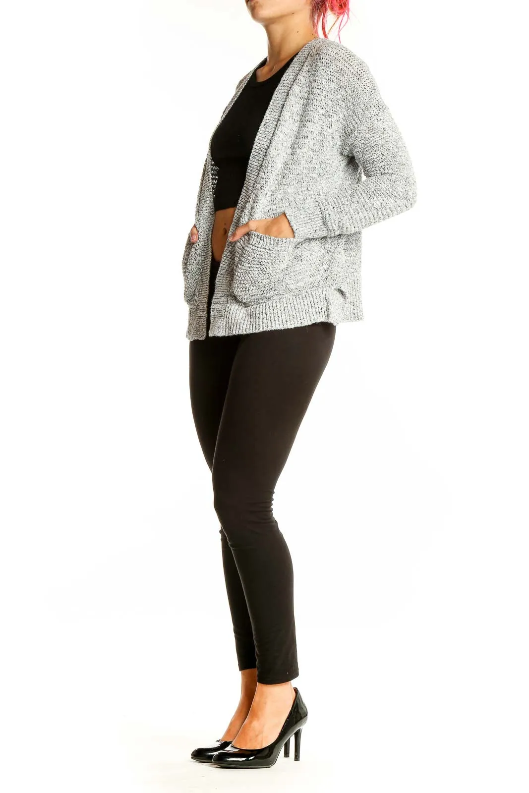 Gray Cotton-Linen Blend Open-Front Cardigan