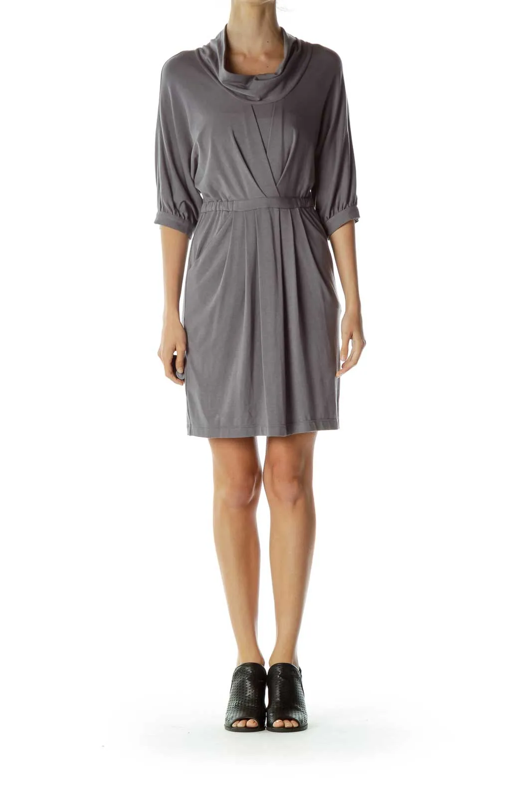 Gray Cowl Neck Pocketed Jersey Dress