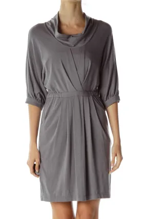 Gray Cowl Neck Pocketed Jersey Dress