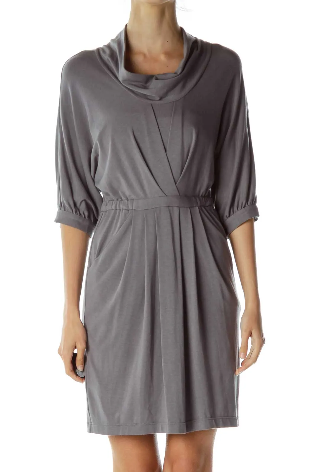 Gray Cowl Neck Pocketed Jersey Dress