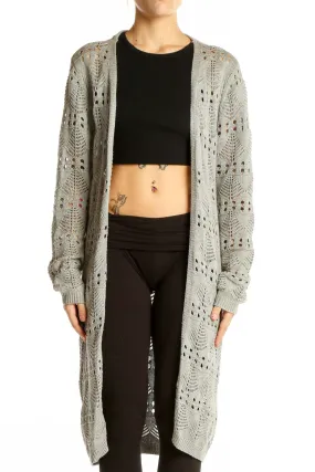 Gray Long Open-Front Crochet Cardigan