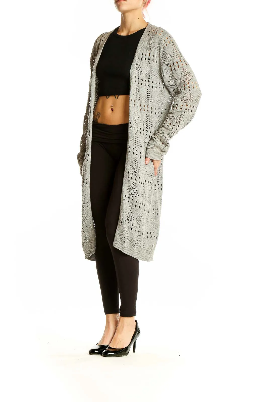 Gray Long Open-Front Crochet Cardigan