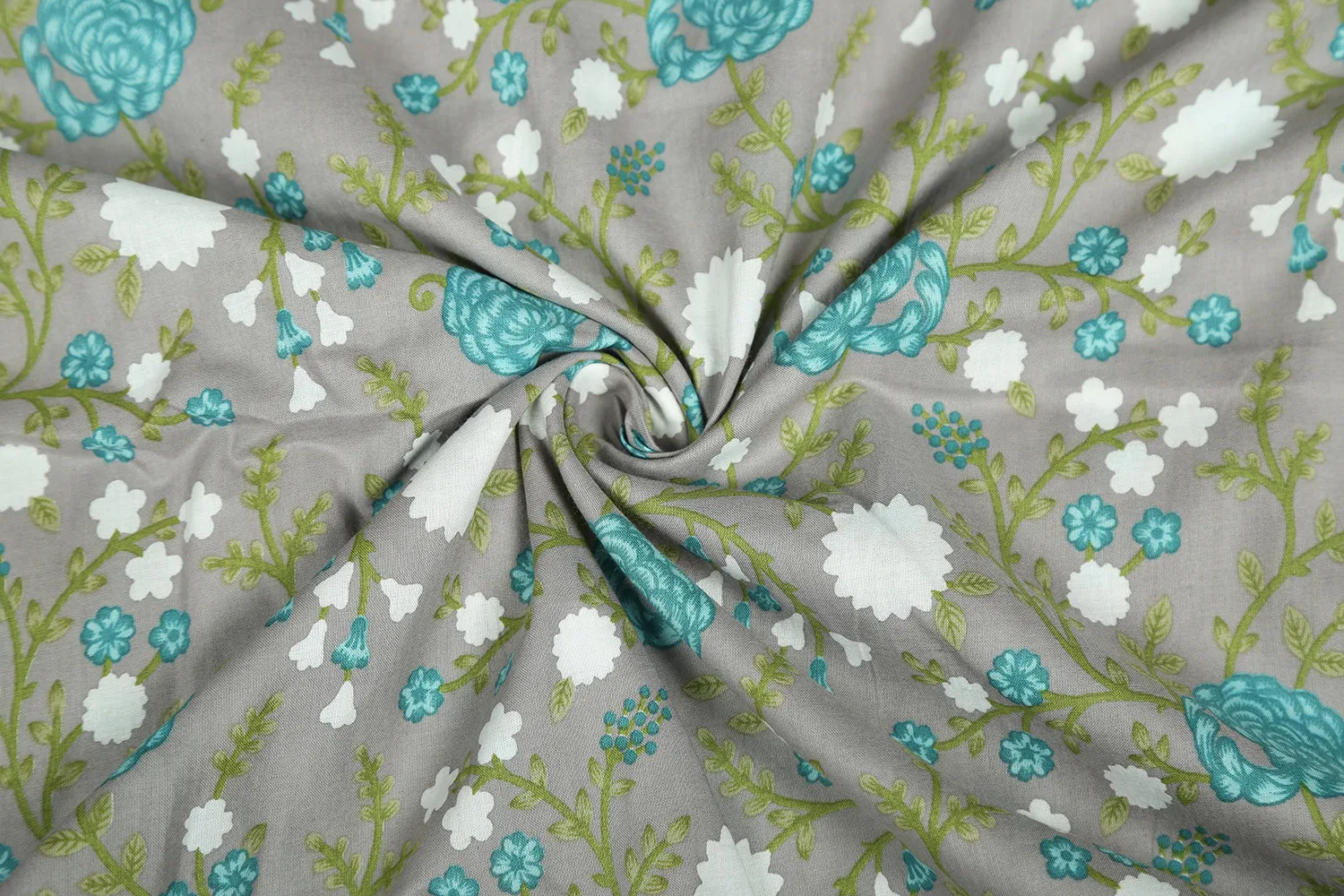 Grey Floral Printed Cotton Cambric Fabric