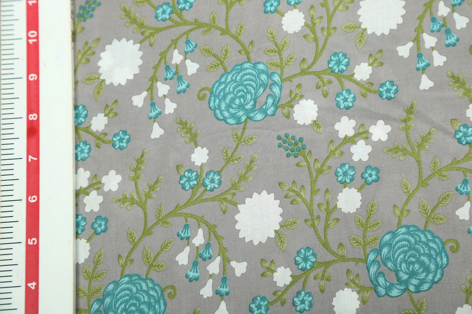 Grey Floral Printed Cotton Cambric Fabric