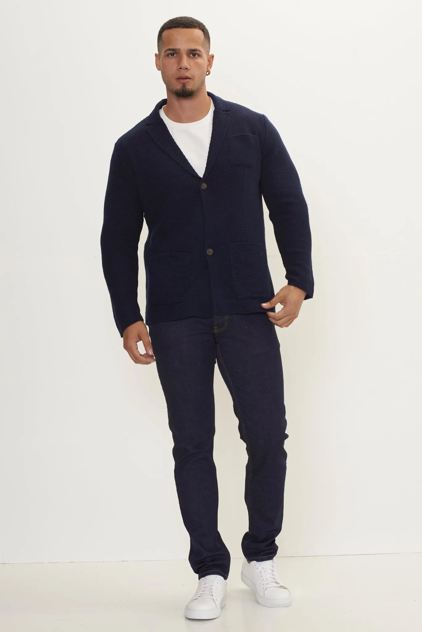 Lightweight Waffled Knit Blazer - Navy