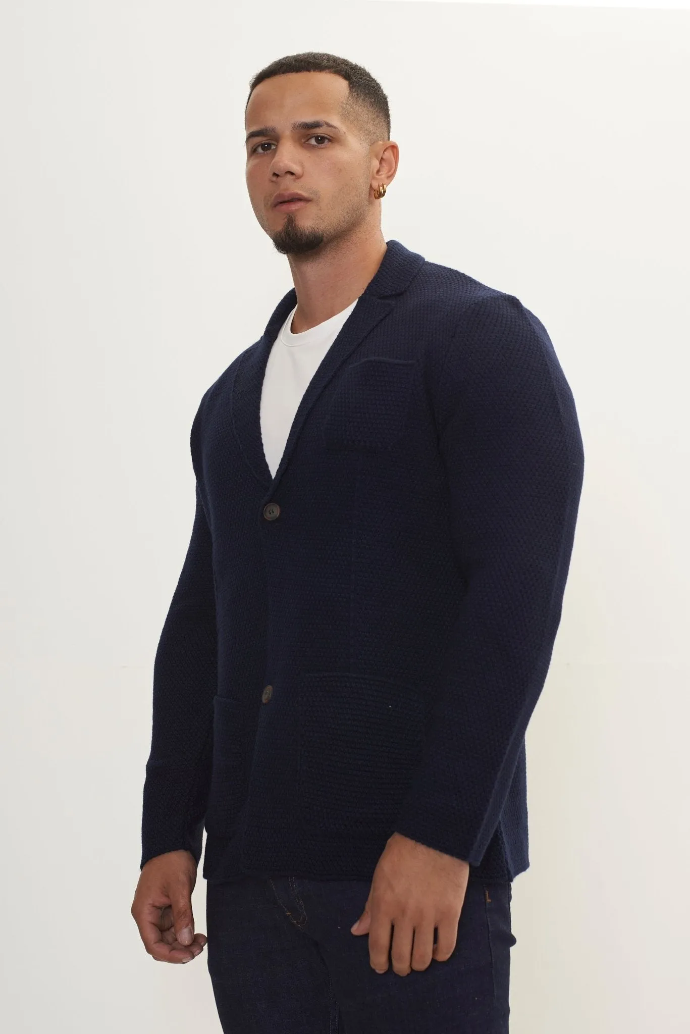 Lightweight Waffled Knit Blazer - Navy