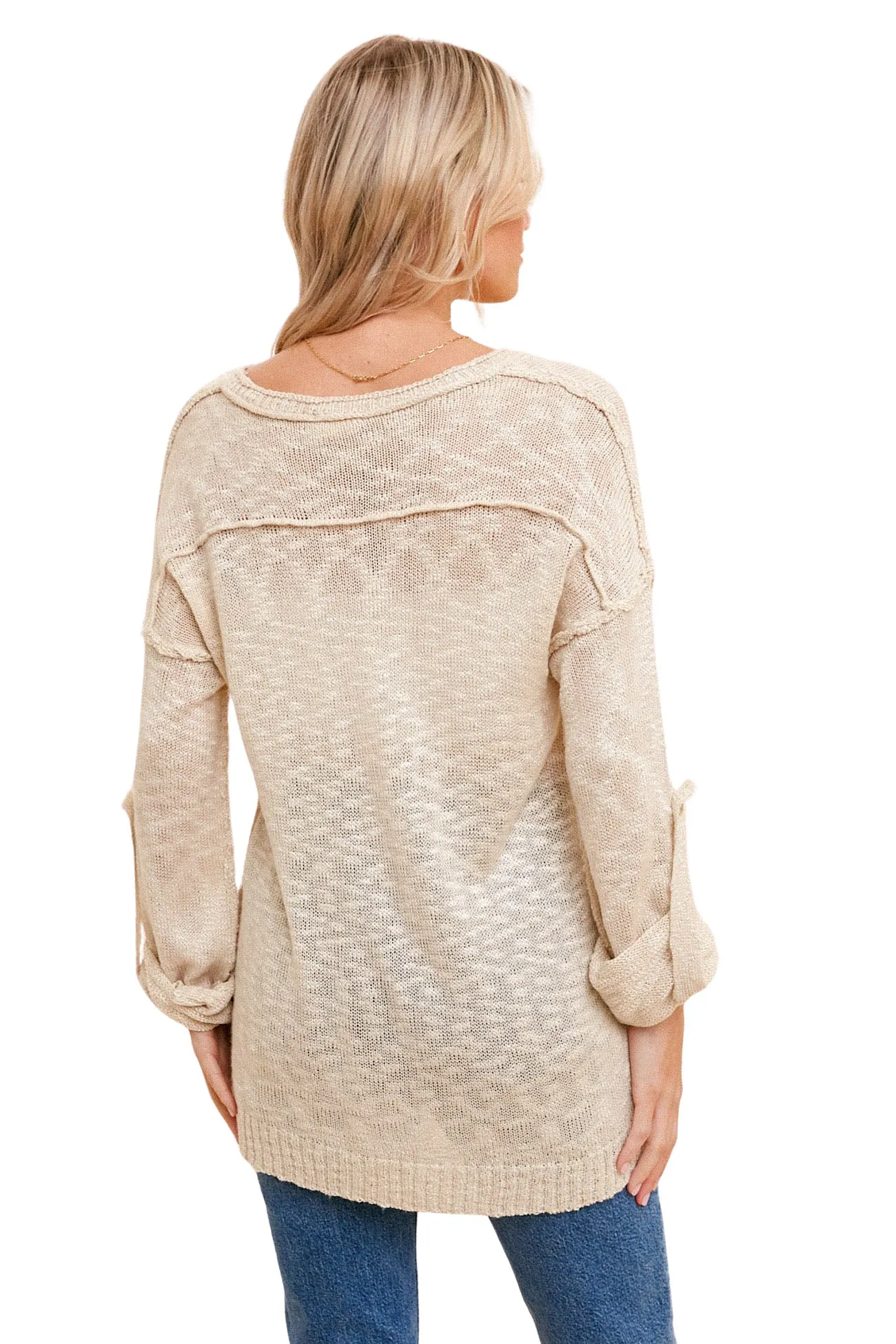 Loose Knit Henley Sweater Top - Taupe