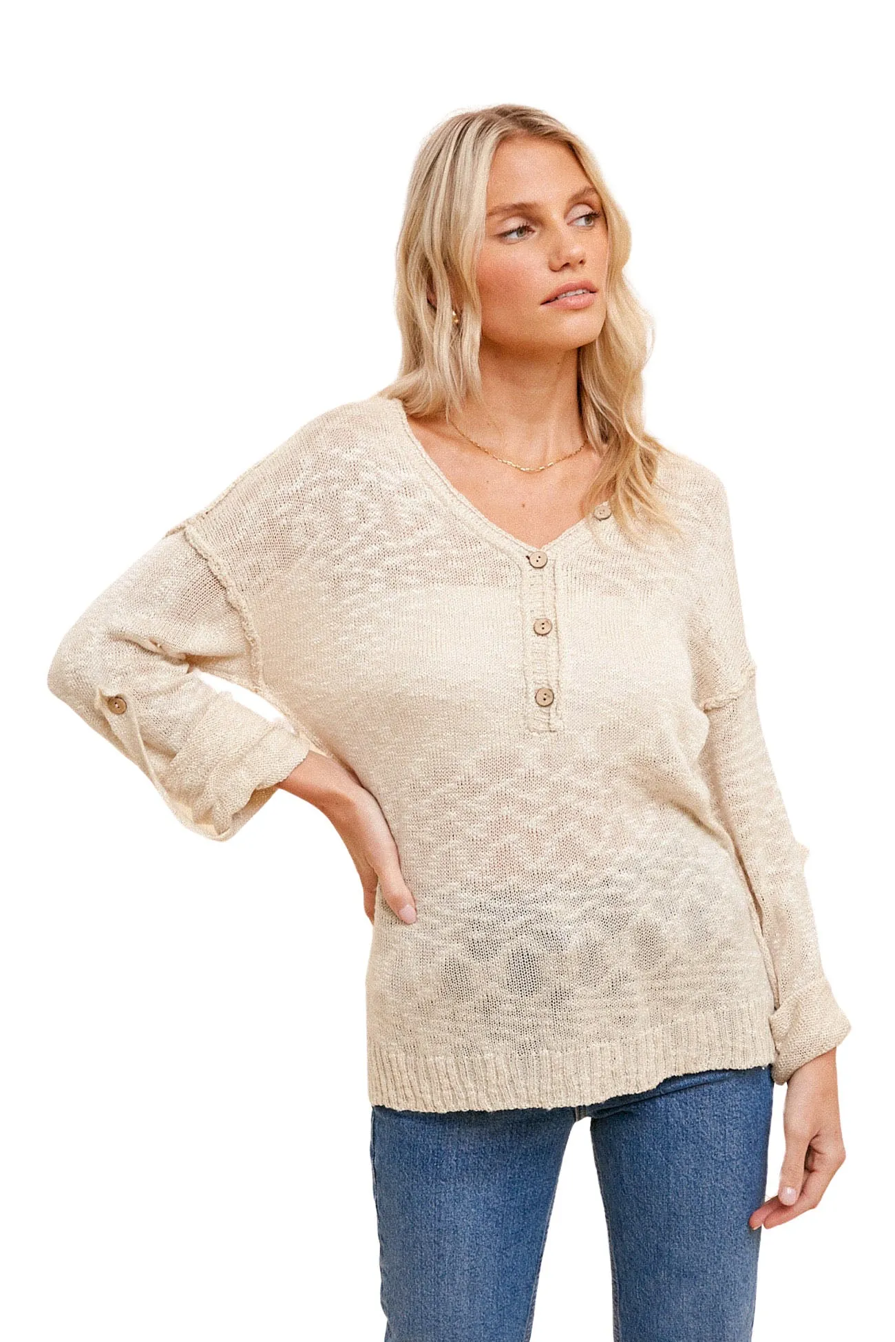 Loose Knit Henley Sweater Top - Taupe