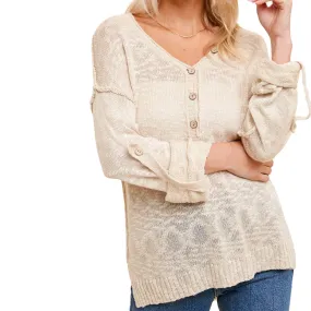 Loose Knit Henley Sweater Top - Taupe