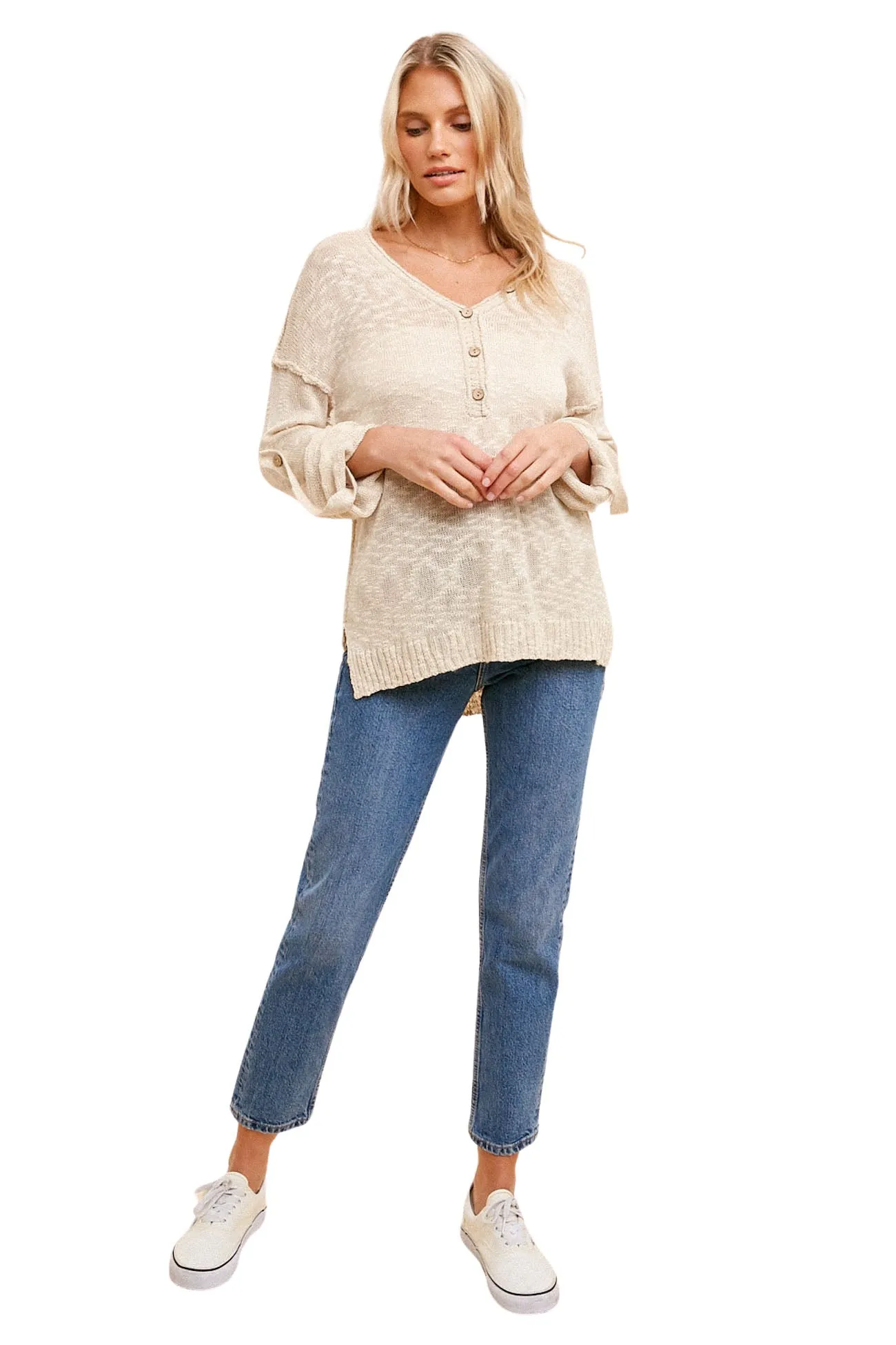 Loose Knit Henley Sweater Top - Taupe