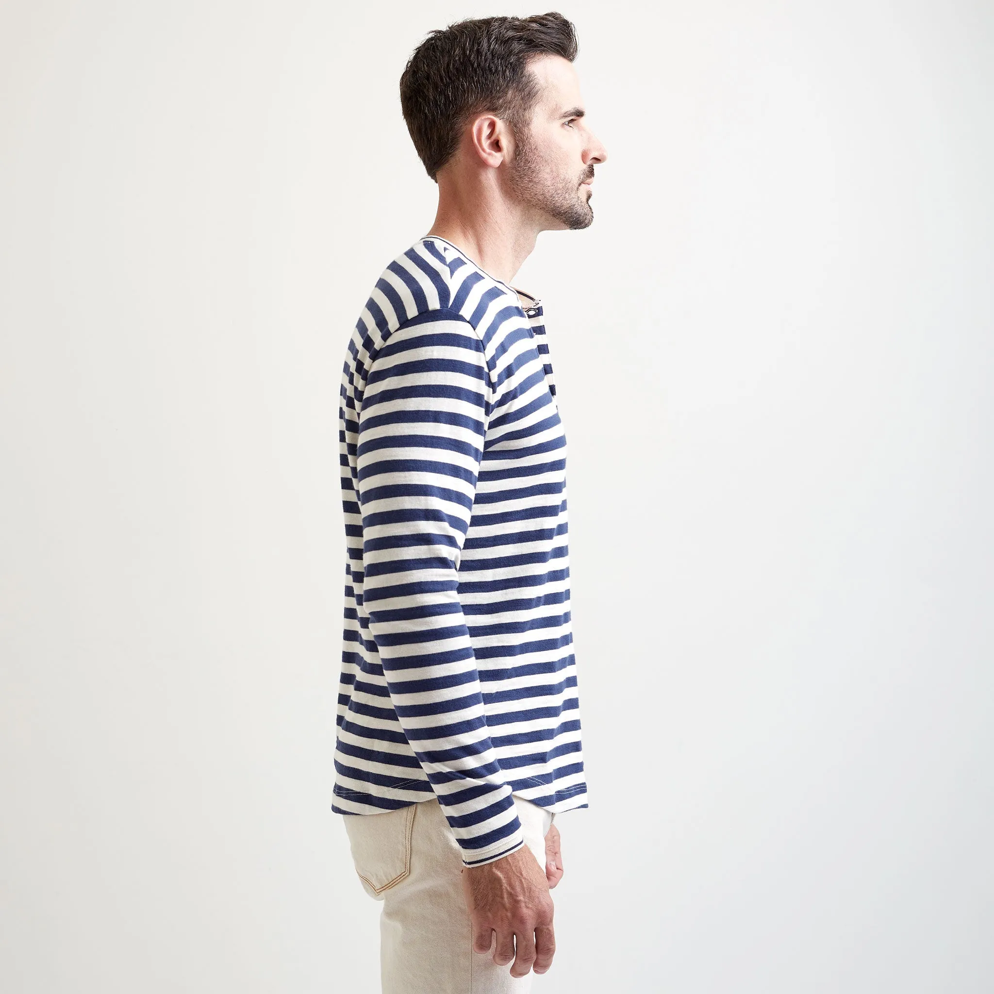 Marina Bar Stripe Peruvian Cotton Henley in Navy by Left Coast Tee