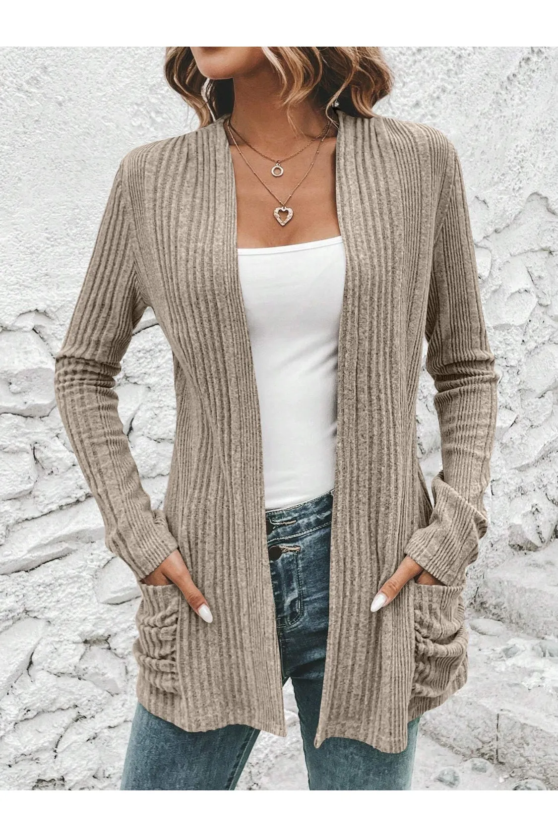 NicholesGifts Women Ribbed Open Front Cardigan with Pockets