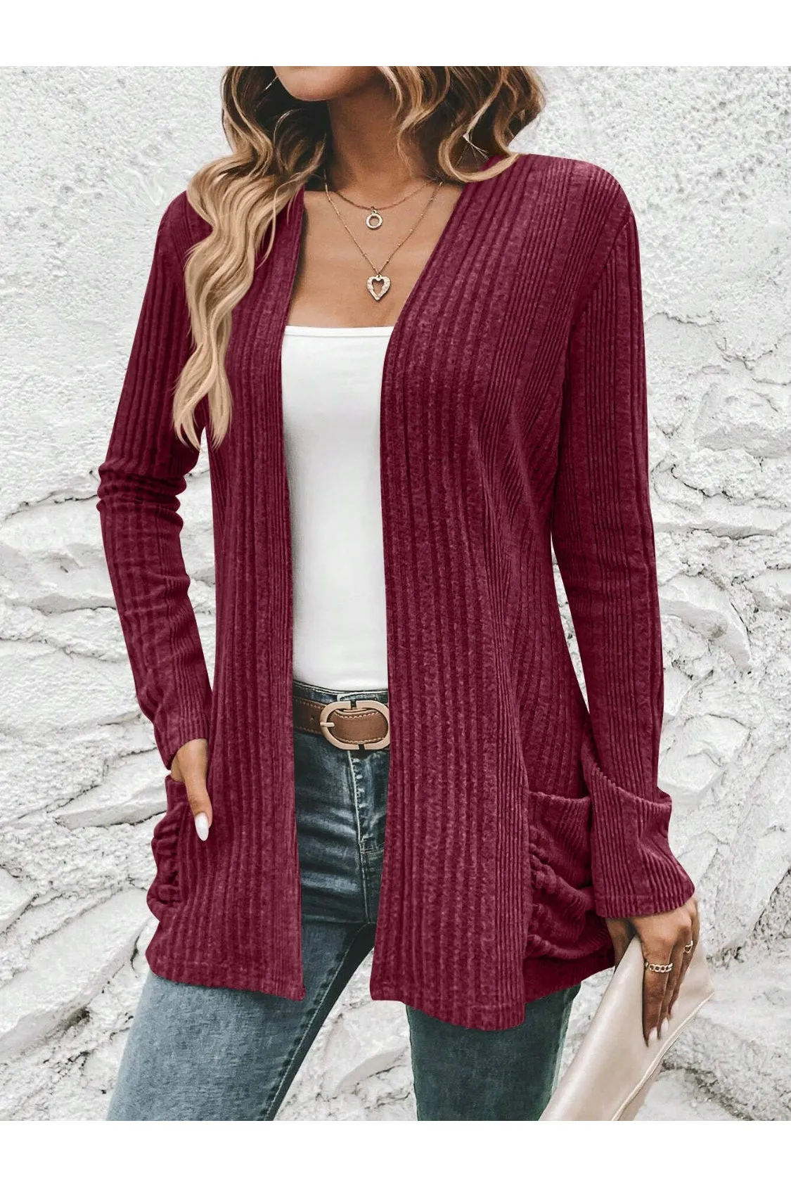 NicholesGifts Women Ribbed Open Front Cardigan with Pockets