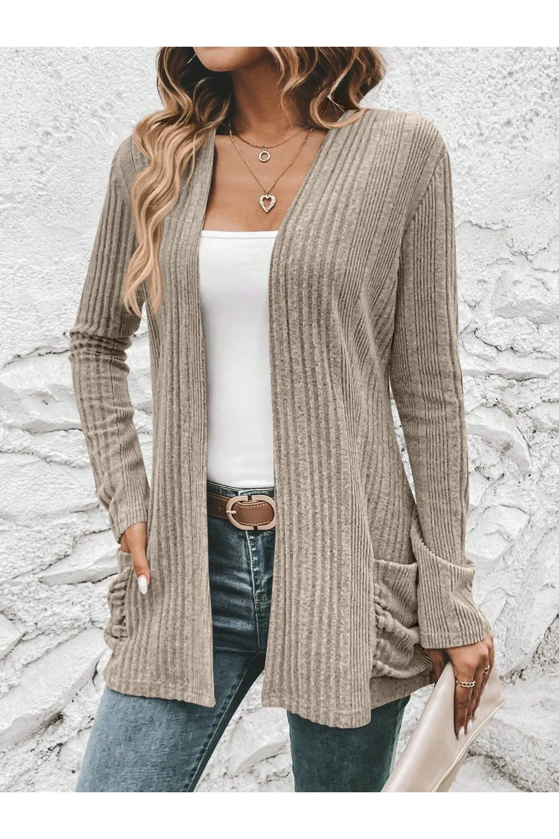 NicholesGifts Women Ribbed Open Front Cardigan with Pockets