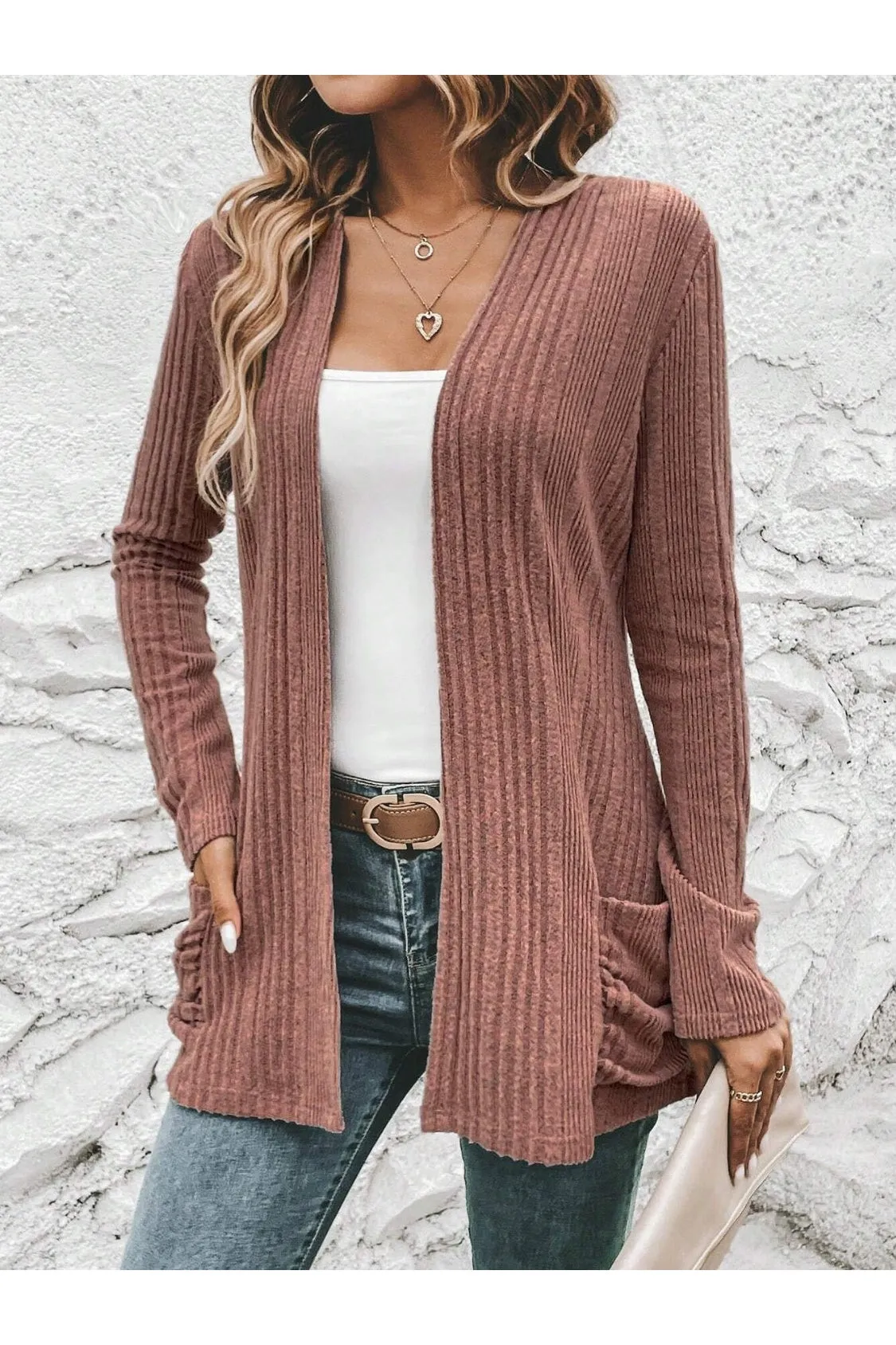 NicholesGifts Women Ribbed Open Front Cardigan with Pockets