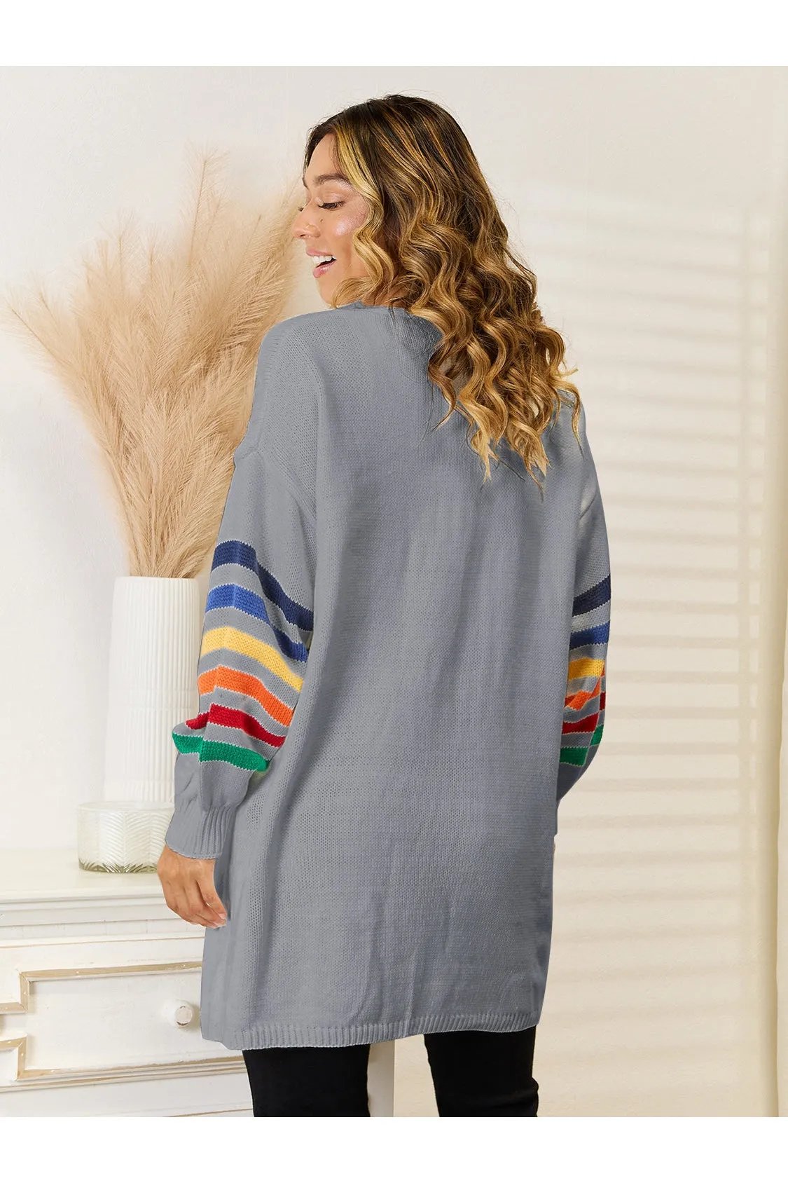 NicholesGifts Women Striped Open Front Dropped Shoulder Cardigan