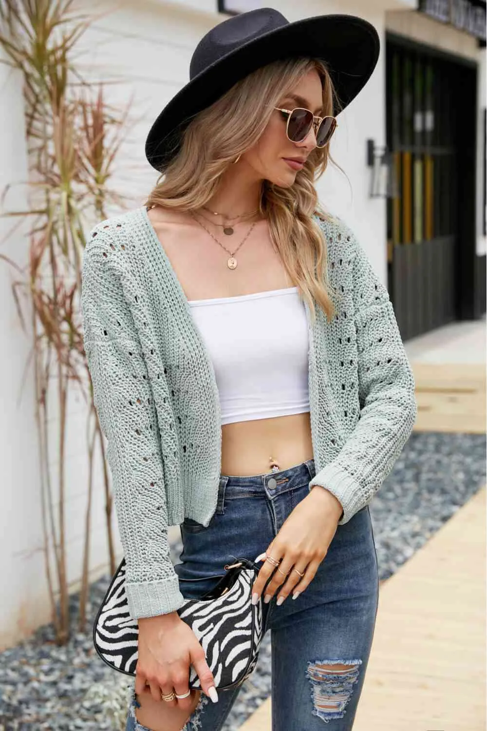 Open Front Cuffed Cropped Cardigan