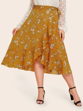 Plus Ditsy Floral Print Ruffle Trim Wrap Skirt