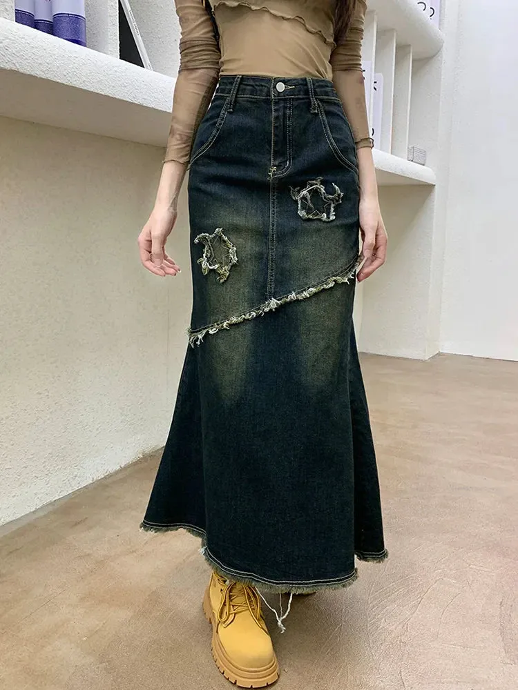 Raw Trim Mermaid Hem Washed Jean Long Skirt