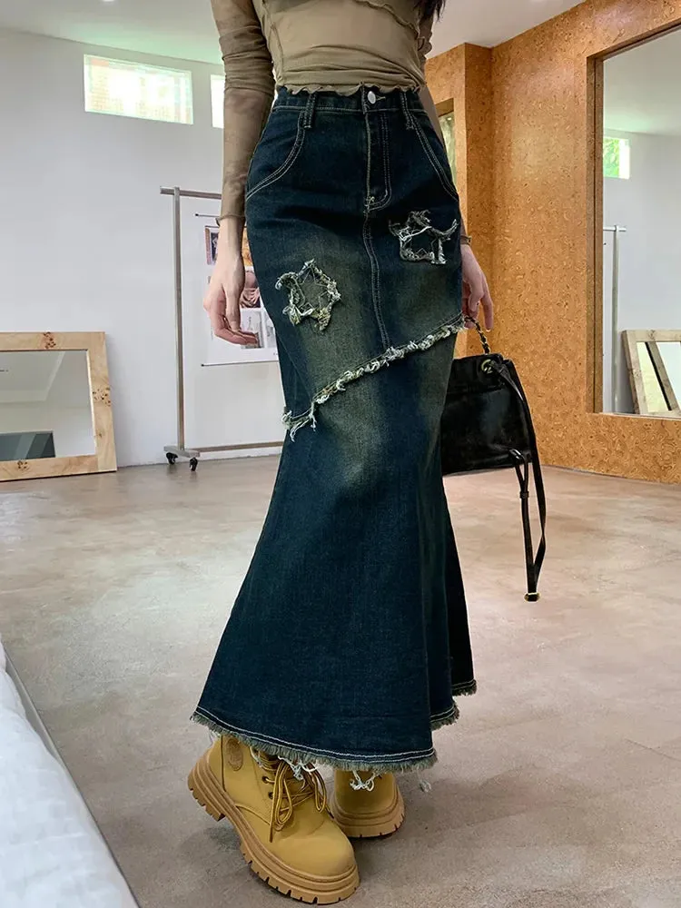 Raw Trim Mermaid Hem Washed Jean Long Skirt