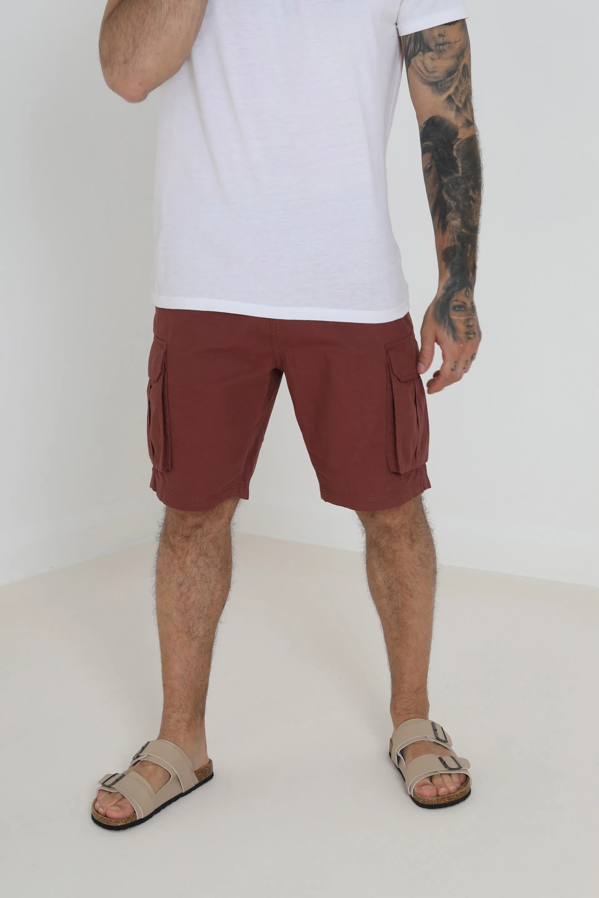 RED CARGO STYLE COTTON CANVAS SHORTS