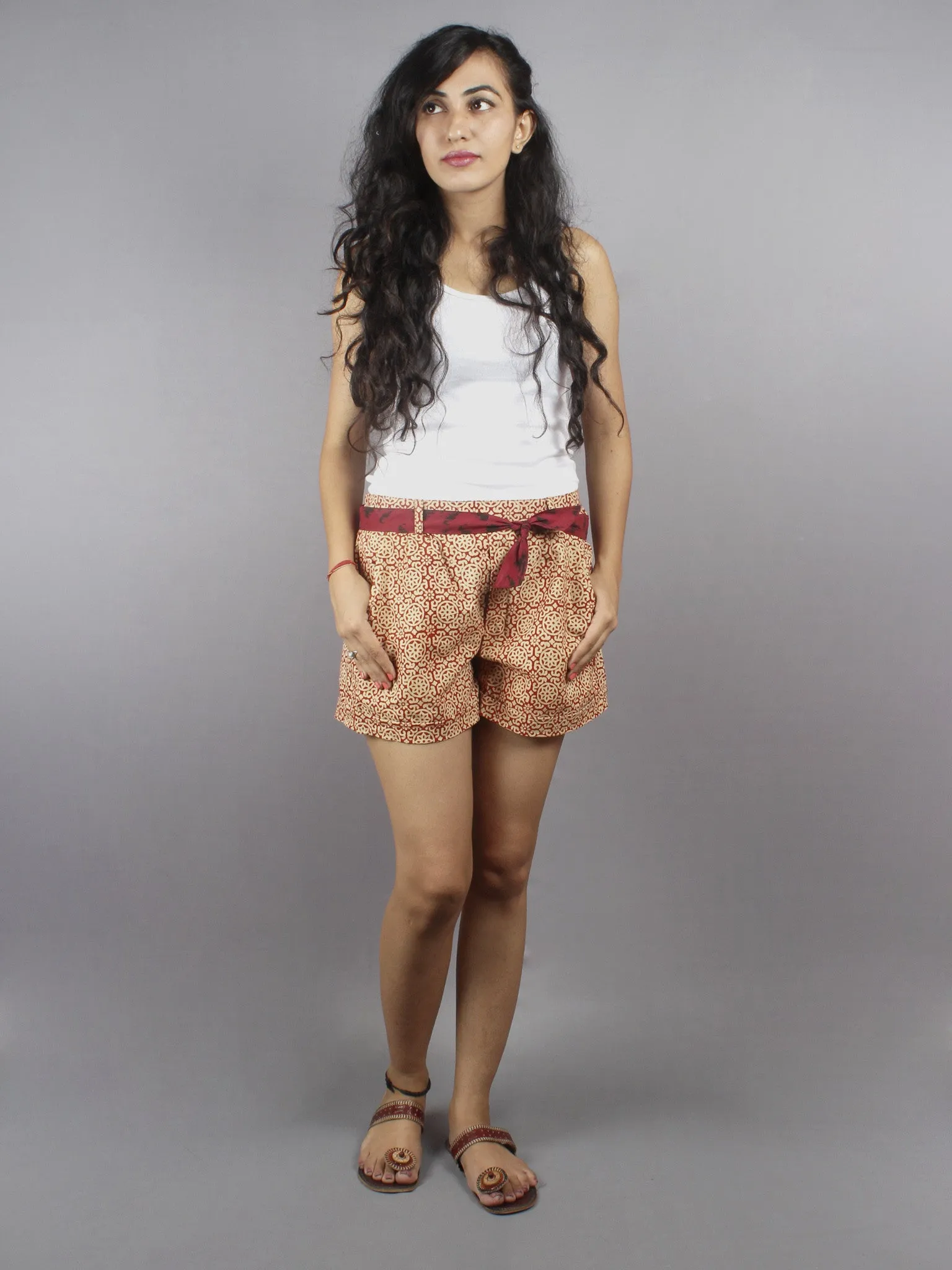 Red Hand Block Printed Shorts With Belt -S5296019