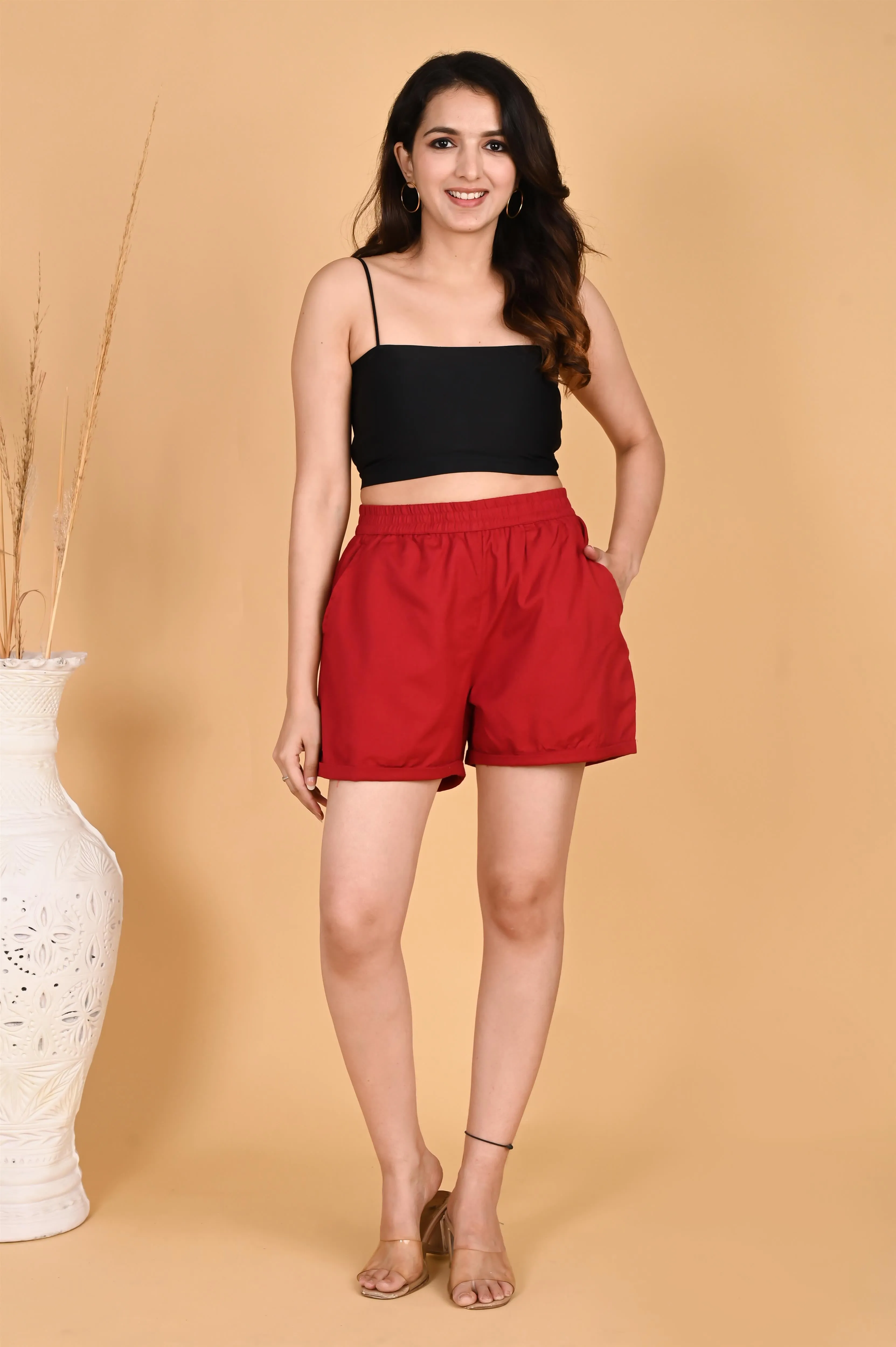 RED LINEN SHORTS