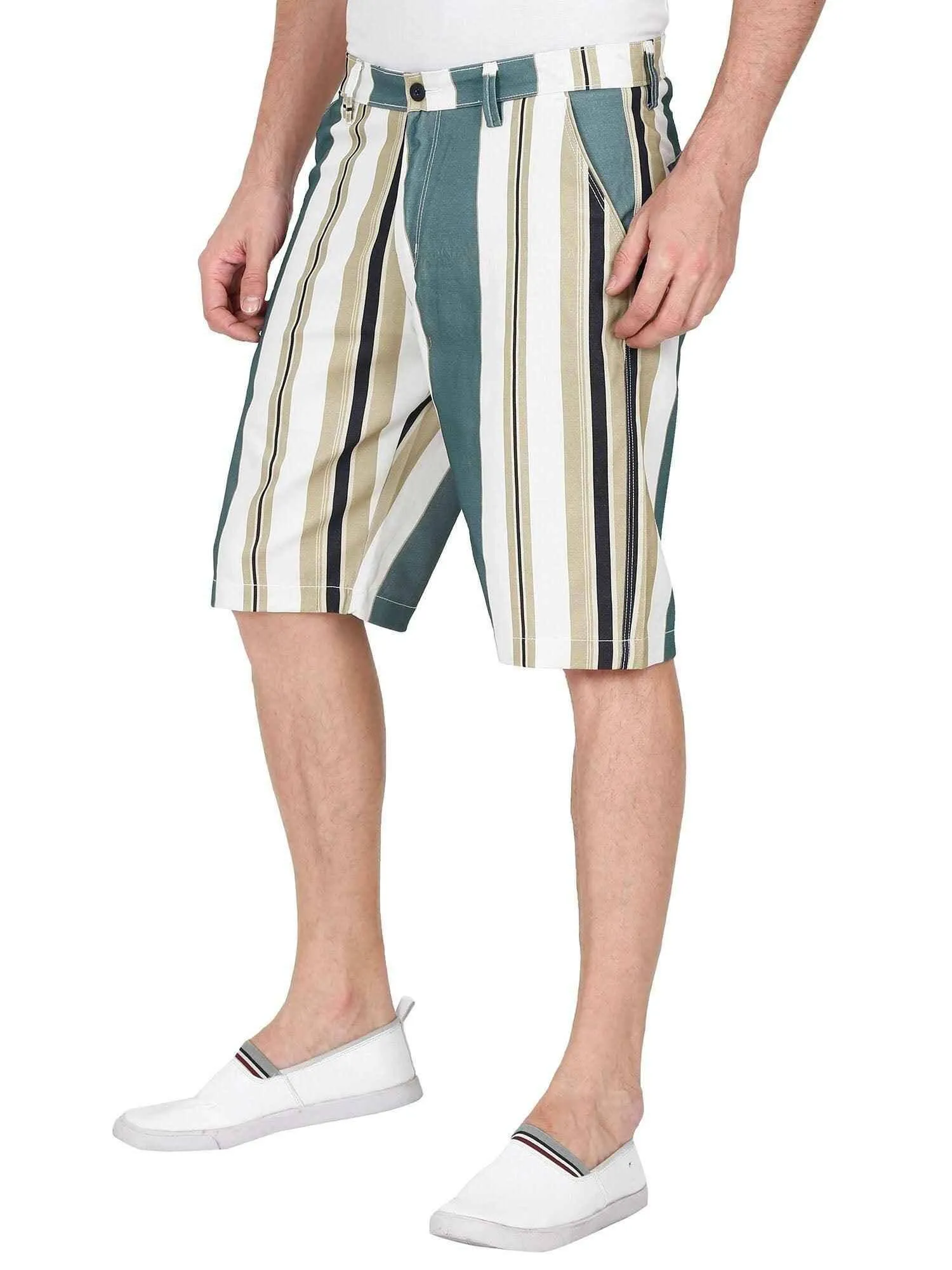 Retro Men Stripe Printed Cotton Shorts