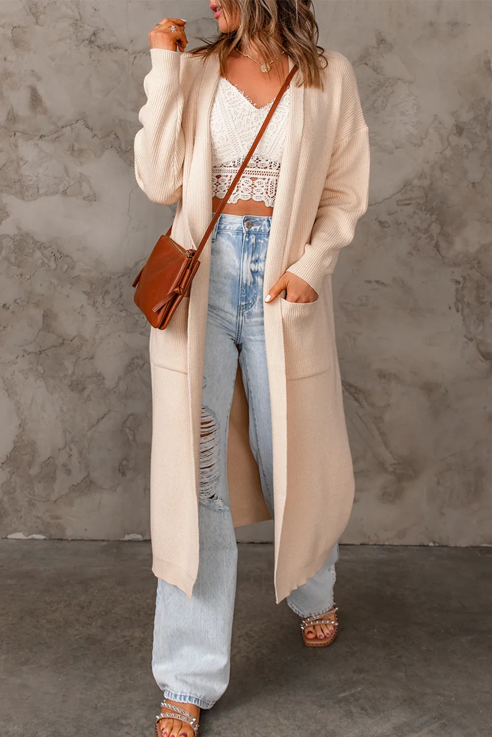 Rib Knitted Drop Sleeve Open Front Cardigan