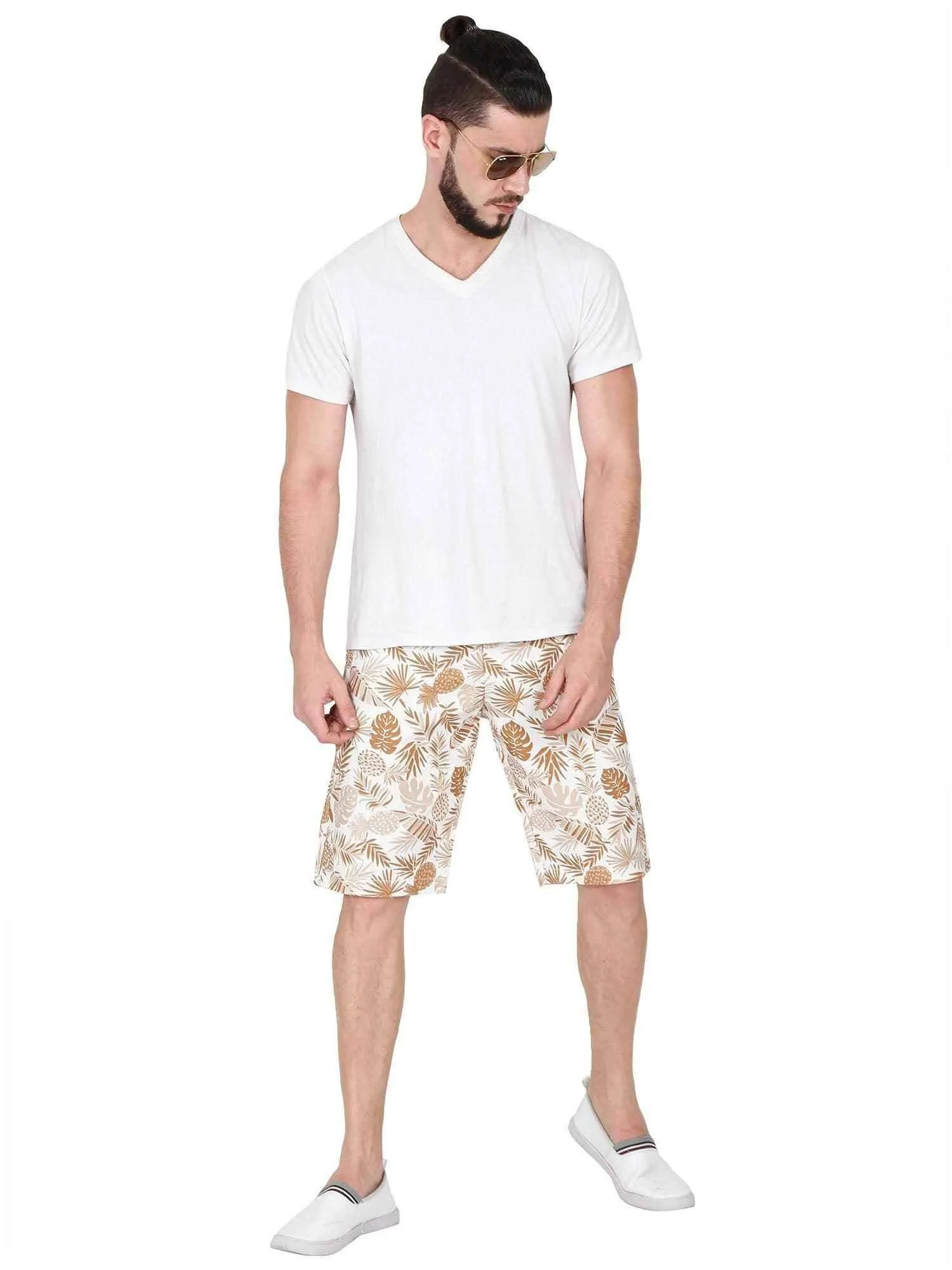 Rusty Men Tropical Leaf Printed Cotton Shorts