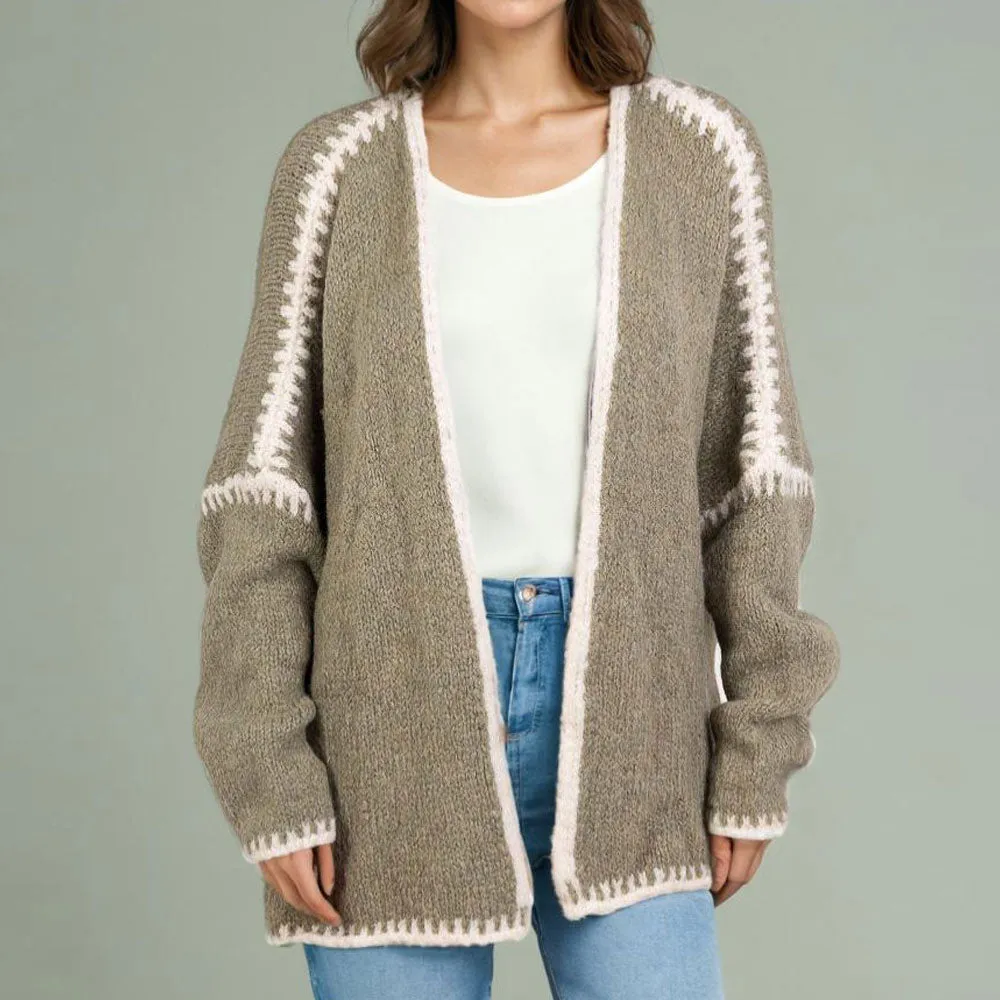 Vintage Contrast Whipstitch Drop Shoulder Long Sleeve Open Front Cardigan