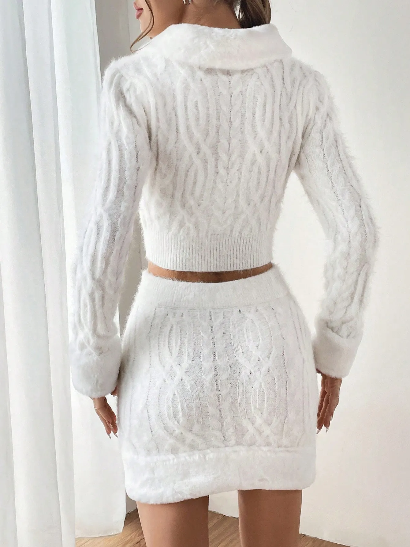 White Borg Collar Button Front Crop Cardigan and Cable Knit Skirt