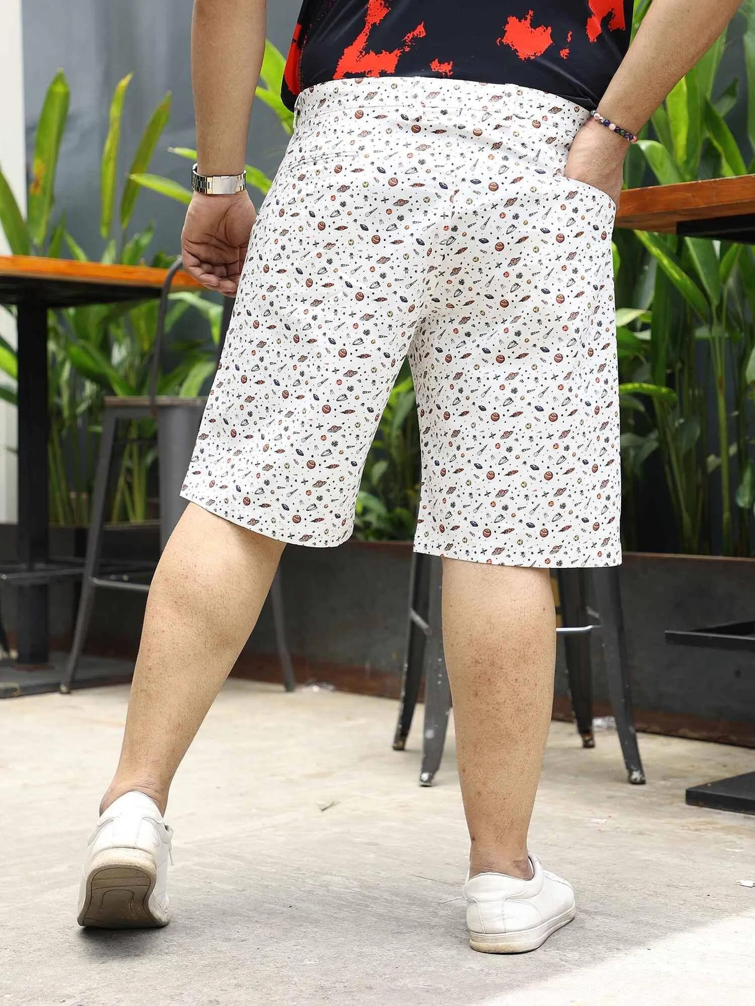 White Printed Shorts Men's Plus Size