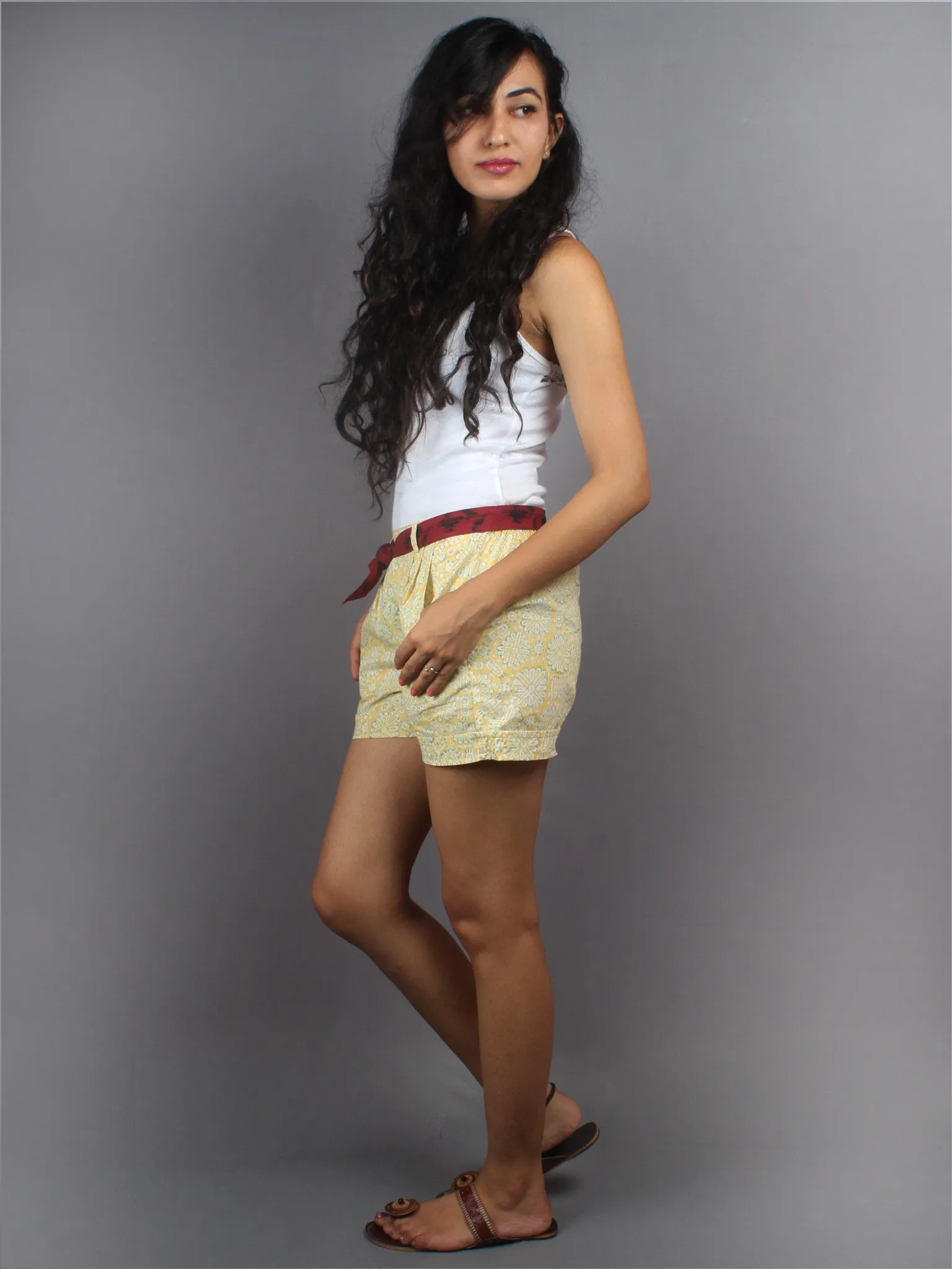 Yellow Hand Block Printed Shorts With Belt -S5296003